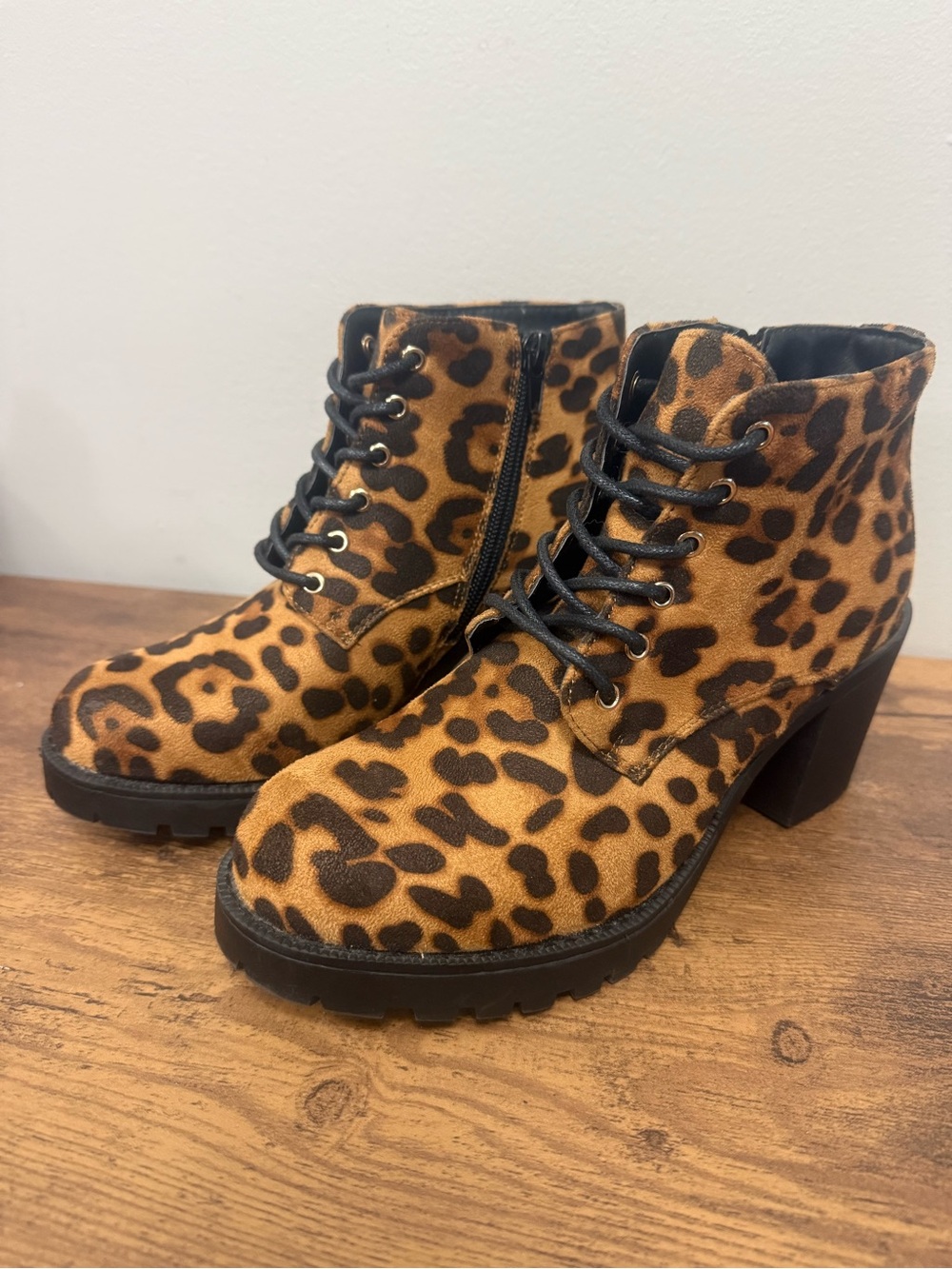 Harlow Leopard Print Faux Suede Block Heel Ankle Boots - Brown Size 7